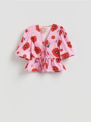 Reserved - Wiązana bluzka w kwiaty - różowy