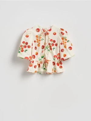 Reserved - Wiązana bluzka z baskinką - złamana biel