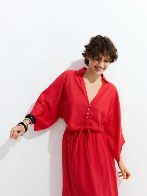 Reserved - Wiązana koszula z lnem - czerwony