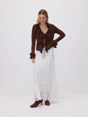 Reserved - Wiązany kardigan z falbankami - brązowy