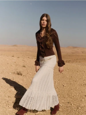 Reserved - Wiązany kardigan z falbankami - brązowy