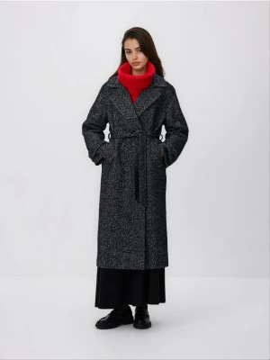 Reserved - Wiązany płaszcz z wełną - czarny