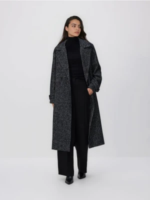 Reserved - Wiązany płaszcz z wełną - czarny