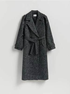 Reserved - Wiązany płaszcz z wełną - czarny
