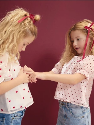 Reserved - Wzorzysta bluzka z bufkami - pastelowy róż