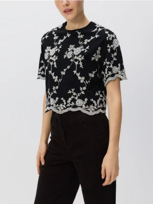 Reserved - Wzorzysta bluzka z haftem - czarny