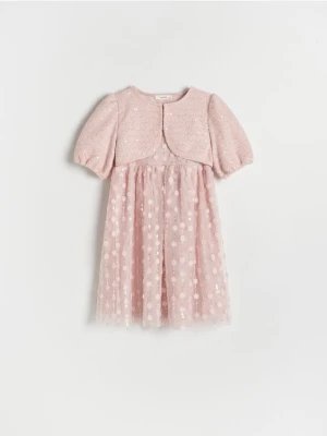 Reserved - Wzorzysta sukienka z bolerkiem - różowy