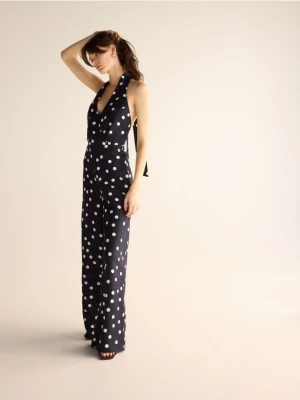 Reserved - Wzorzysty kombinezon z lnem - granatowy