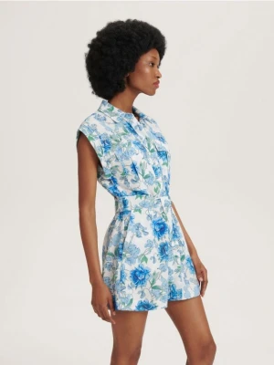 Reserved - Wzorzysty kombinezon z lnem - niebieski