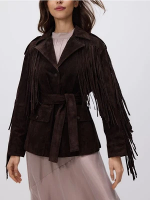 Reserved - Zamszowa kurtka z kołnierzem - ciemnobrązowy