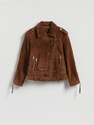 Reserved - Zamszowa ramoneska oversize z paskiem - brązowy