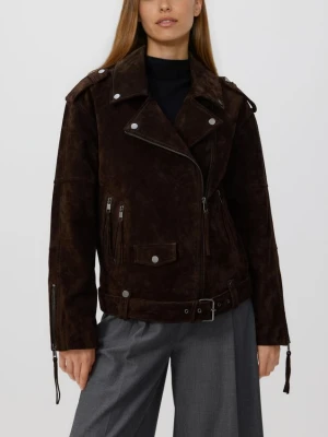 Reserved - Zamszowa ramoneska oversize z paskiem - ciemnobrązowy