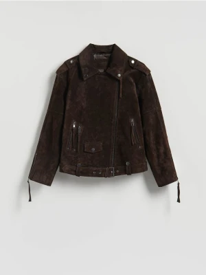 Reserved - Zamszowa ramoneska oversize z paskiem - ciemnobrązowy