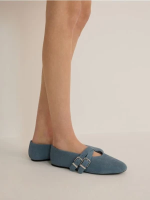 Reserved - Zamszowe baleriny z paskami - jasnoturkusowy