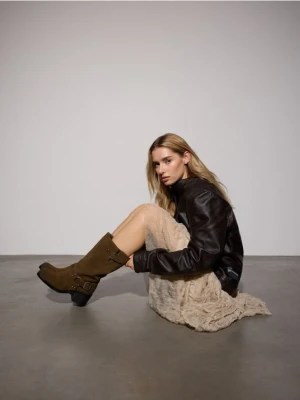 Reserved - Zamszowe kozaki biker - ciemnozielony