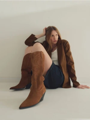 Reserved - Zamszowe kozaki typu kowbojki - brązowy