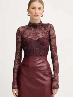 Retrofete body Valentina damskie kolor bordowy z aplikacją FW24-10322