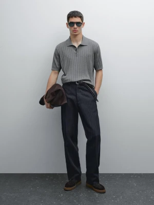 Ribbed Polo Shirt - Szaroniebieski - - Massimo Dutti - Male