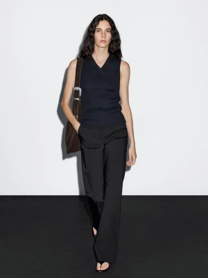 Ribbed Top With Collar Detail - Granatowy - - Massimo Dutti - Female