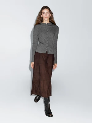 Ribbed Wool Cardigan - Szary Średni - - Massimo Dutti - Female