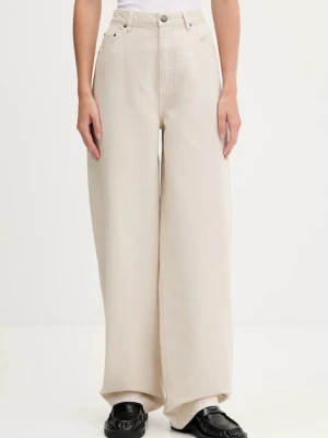 Rotate spodnie bawełniane damskie kolor beżowy szerokie high waist 1142981763