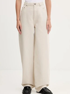 Rotate spodnie bawełniane damskie kolor beżowy szerokie high waist 1142981763