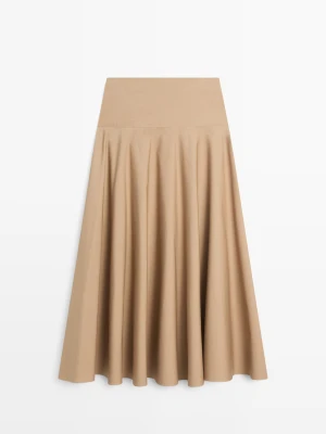 Rozkloszowana Spódnica Midi Z Karczkiem - Wielbłądzi - - Massimo Dutti - Kobieta