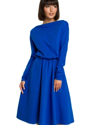Rozkloszowana sukienka dresowa z gumką w pasie i kieszeniami niebieska Be Active