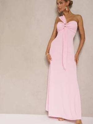 Różowa Asymetryczna Sukienka Koktajlowa Ozdobiona Metaliczną Aplikacją Divianis allyson