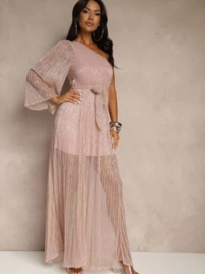 Różowa Asymetryczna Sukienka z Metalicznymi Przeszyciami i Wiązanym Paskiem Arhellia lily rose