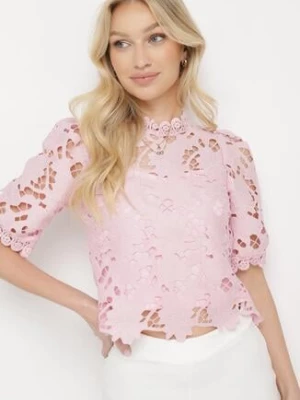 Różowa Ażurowa Bluzka ze Stójką w Stylu Retro Laquies elsa.m by may