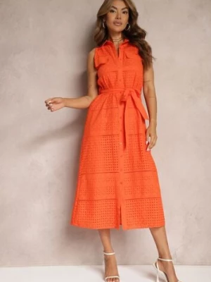 Pomarańczowa Ażurowa Sukienka z Bawełny o Koszulowym Kroju z Materiałowym Paskiem Vikiisara