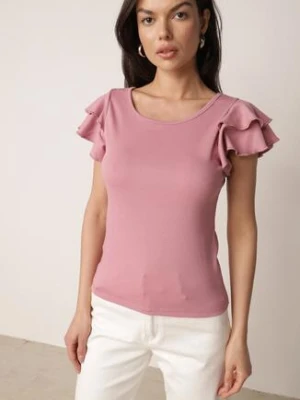 Różowa Bawełniana Bluzka o Prostym Kroju z Krótkim Rękawem z Falbanek Himoni glo-story