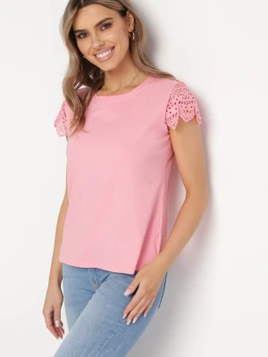 Różowa Bawełniana Bluzka z Krótkim Rękawem Cekinami i Koronką Messal Fashion