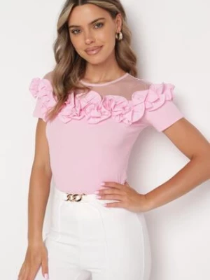Różowa Bawełniana Bluzka z Krótkim Rękawem i Siateczkową Wstawką Ozdobiona Falbanką Lelalia elsa.m by may