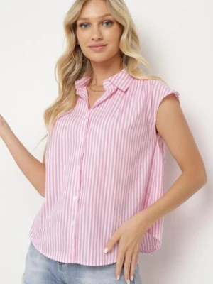 Różowa Bawełniana Koszula Bez Rękawów w Paski Zapinana na Guziki Loratia rosa