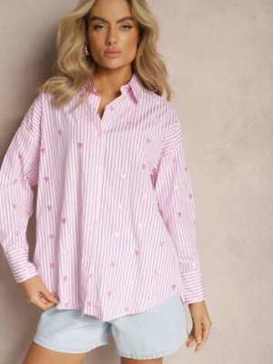 Różowa Bawełniana Koszula Ozdobiona Wzorem w Cienkie Paski i Serduszka Vatille melya by melody