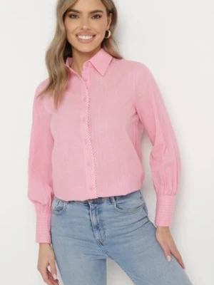 Różowa Bawełniana Koszula z Delikatnymi Haftowanymi Wstawkami Leordia retro & icone