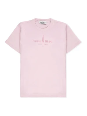 Różowa Bawełniana Koszulka dla Chłopców z Kontrastowym Logo Stone Island