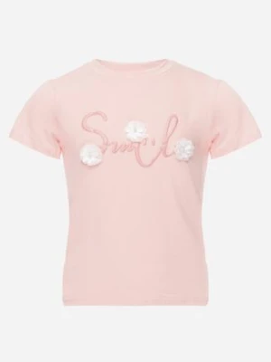 Różowa Bawełniana Koszulka T-shirt z Brokatowym Napisem i Kwiatami 3D Azavia glo-story