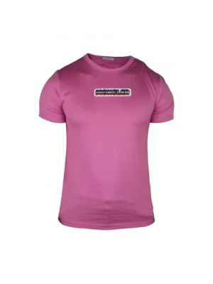 Różowa bawełniana koszulka z haftowanym logo Moncler
