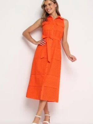 Pomarańczowa Bawełniana Sukienka Ażurowa o Koszulowym Kroju z Materiałowym Paskiem w Talii Vikiiana