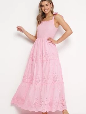 Różowa Bawełniana Sukienka Maxi z Ażurowego Materiału z Wiązanymi Ramiączkami Lariven