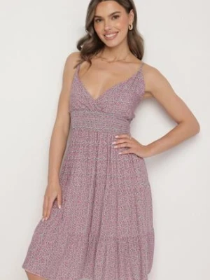 Różowa Bawełniana Sukienka o Rozkloszowanym Kroju na Ramiączkach w Kwiatowy Wzór Mirindra defox