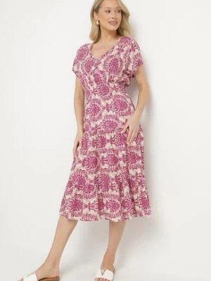 Różowa Bawełniana Sukienka o Rozkloszowanym Kroju z Gumką w Pasie Desilona defox