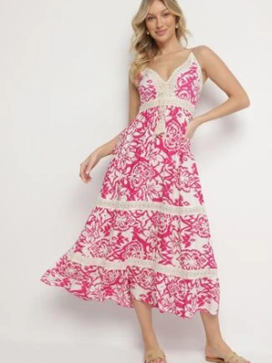 Różowa Bawełniana Sukienka Rozkloszowana w Etniczny Wzór z Koronką Taliosha defox