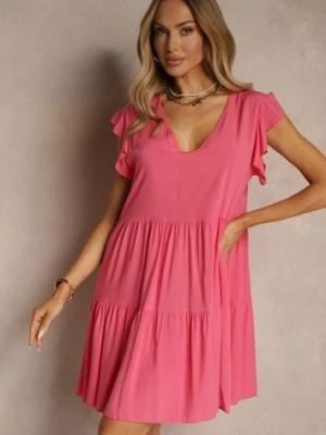 Różowa Bawełniana Sukienka Rozkloszowana z Falbankami Mirlio defox