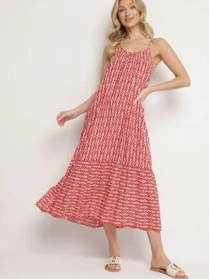 Różowa Bawełniana Sukienka Rozkloszowana z Geometrycznym Wzorem Niladora defox