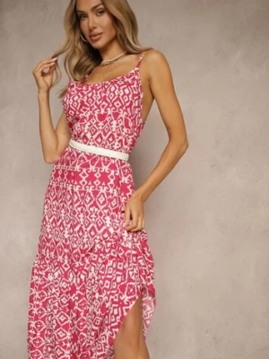 Różowa Bawełniana Sukienka w Geometryczny Wzór Koloniela defox