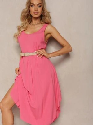 Różowa Bawełniana Sukienka z Okrągłym Dekoltem o Rozkloszowanym Kroju Tesavette defox
